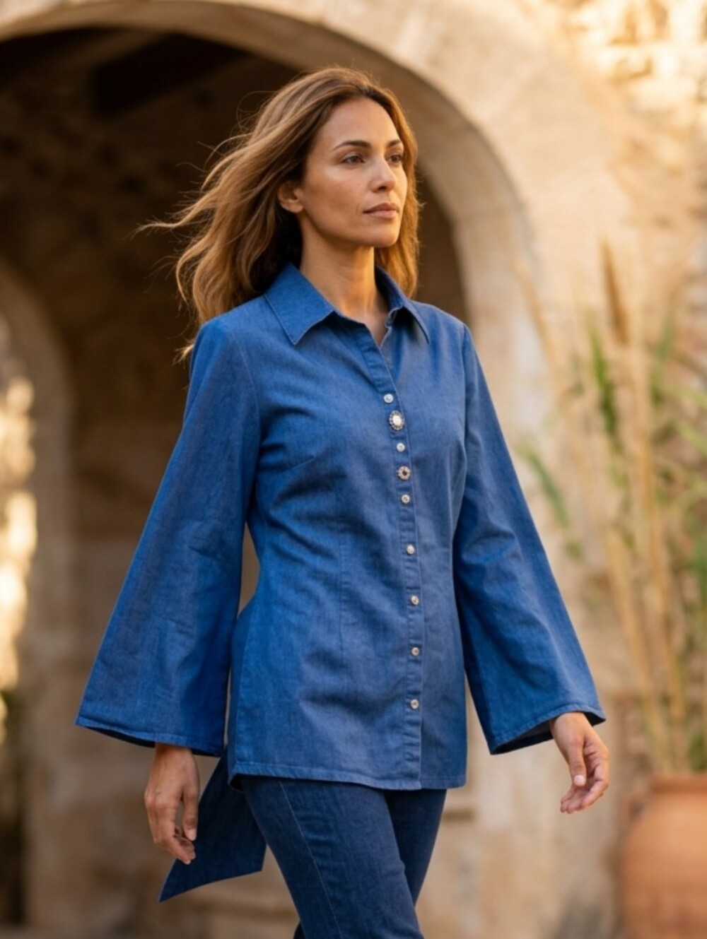 Mishca Blue Denim-Style Button Front Shirt Women's Size Large